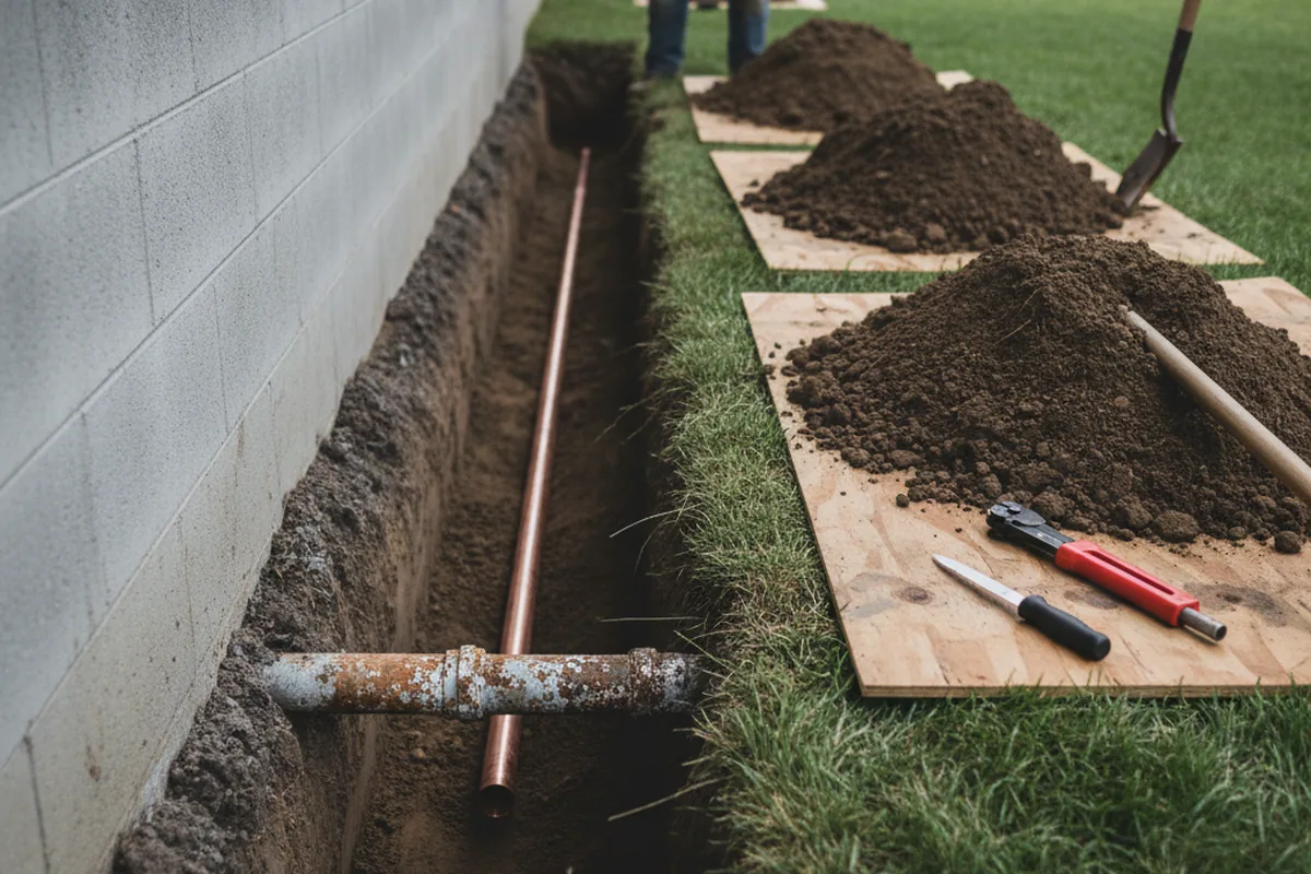 Excavated water line trench during Sewer Line Repair in Montebello